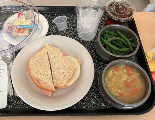 ERAS DIET. Lunch/Dinner. Ham Sandwich with Provolone, chicken noodle soup and green beans.