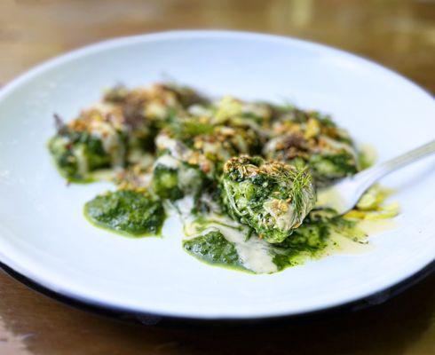 Nettle Gnudi: Green garlic gnudi, creamed nettles, preserved lemon emulsion, pistachio dukkah ($15)