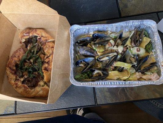 Left: Roasted Garlic & Asparagus Galette Right: Leeks Pappardelle w mussels, Lardon, asparagus & garlic confit w garlic cream sauce.