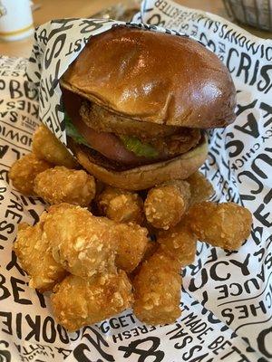 Fried chicken sandwich with tots