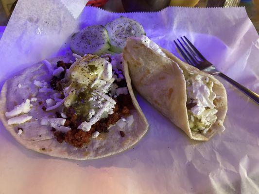 Tacos were delicious! shredded pork and beef were the best. steak was chewy. Service excellent! The chips are homemade!