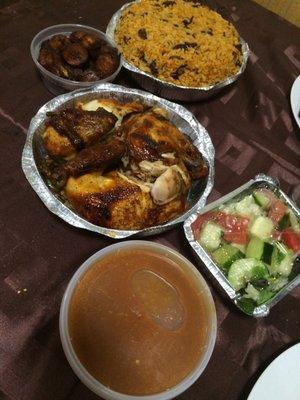 Rotisserie chicken family combo with fried plantains, fried rice, salad and beans. Really good