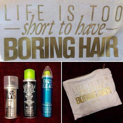 Buy mini Masterpiece, mini Hard Head, and mini Dirty Secret get a #free #cosmeticbag!! #tigi #bedhead