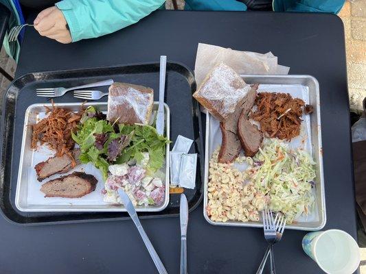 Two meat plate, Tri tip and pull pork, corn bread, cole slaw, pasta salad, potato salad, green salad