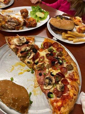 Wings, burger and touchdown pizza.