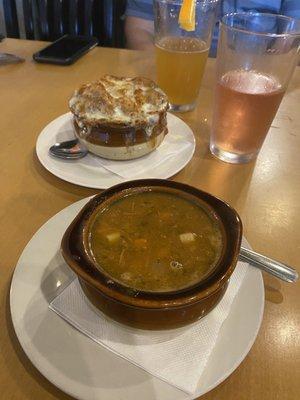 Pulled pork soup and French onion soup