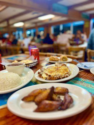 Maduros, Cuban chicken Milanesa, black beans and rice