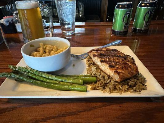 Salmon with man n cheese and asparagus over wild rice.