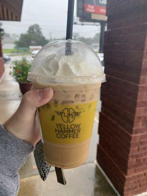 Maple white chocolate iced coffee with whipped cream