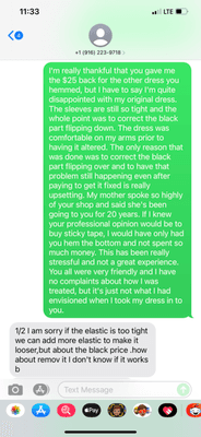 Text with the owner. Not sure why she says she gave me a $40 hem for free as you can clearly see where I thank her for the $25 hem.