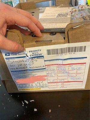 The box she was shipped in across the country