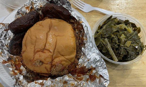 3 East Texas hot links, a large chopped beef sandwich and some greens