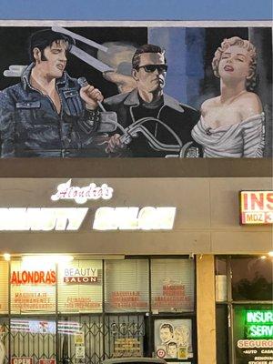 The Elvis, Marilyn & Schwarzenegger Icons 80 Foot Wall Mural Santa Monica Blvd & Wilton Pl.  back of Derby Aoartments Hollywood