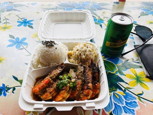 Garlic Shrimp Plate Lunch with Rice and Macaroni Salad