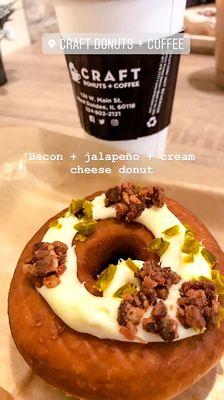 Bacon + jalapeño + cream cheese donut, oatmilk latte