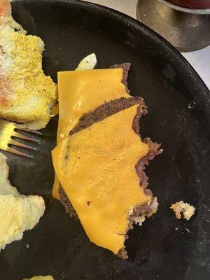 Cold un melted cheese on tiny tasteless hamburger patty