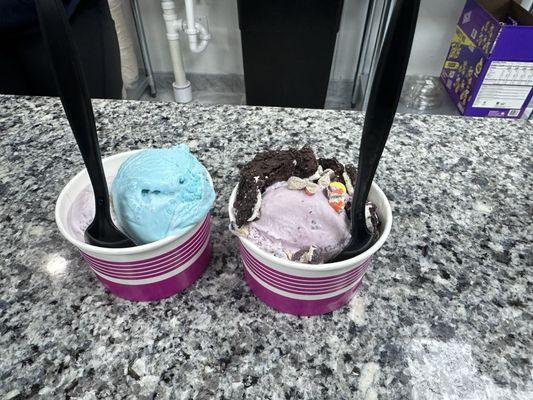 Lavender honey & blue moon ice cream | lavender honey & Grandpa blueberry with Reese's pieces & Oreos