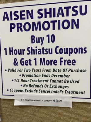 Limited Time Offer! Buy 10 1-Hour Shiatsu Coupons and Get 1 Free! Offer expires 12/31/2023. Valid for 2 years from the date of purchase