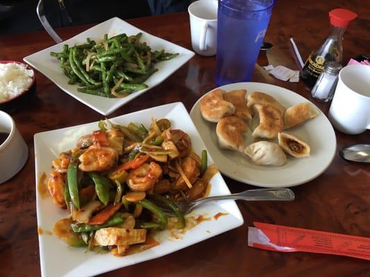 Spicy green beans. Hot spicy shredded shrimp. Potstickers