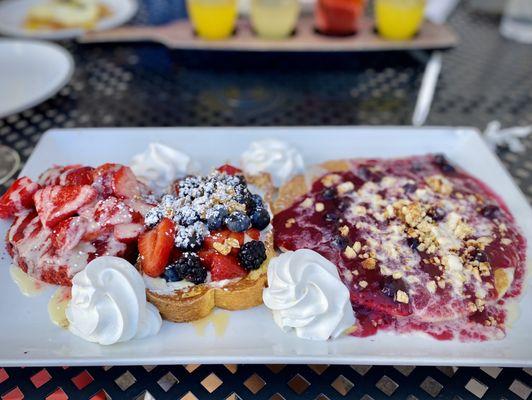 Mix in match! Red velvet French toast, very berry french toast and a blueberry danish pancake. Yum!