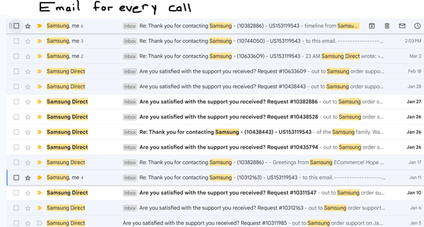 An automated email for every phone call, asking about my experience :(