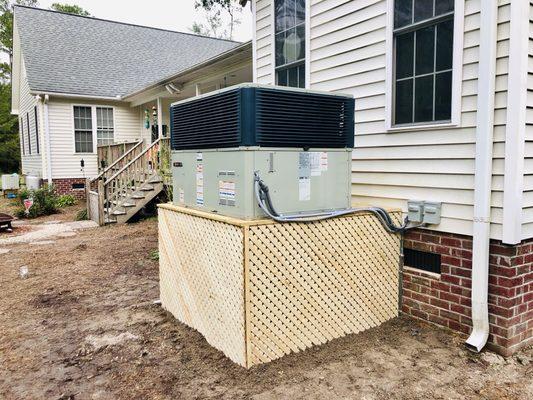 Heat pump package unit on a platform.