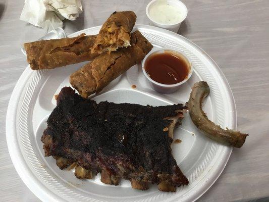 Super crispy southwest egg Rolls and a half rack of ribs.