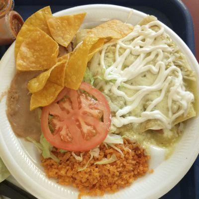 Green chile chicken enchiladas plate