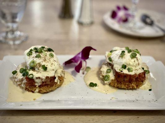 Taro Benedict - basically taro katsu with house made spam, poached eggs, sesame miso hollandaise and smoked salt, green onions.