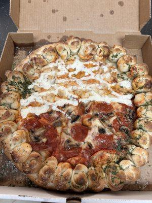 Garlic rolls crust with half Chicken Buffalo Ranch Pizza and half mushroom pepperoni pizza