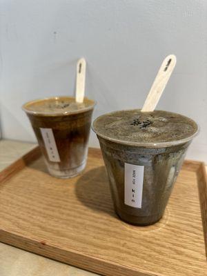 Black sesame cream top (left), hojicha black sesame (right)