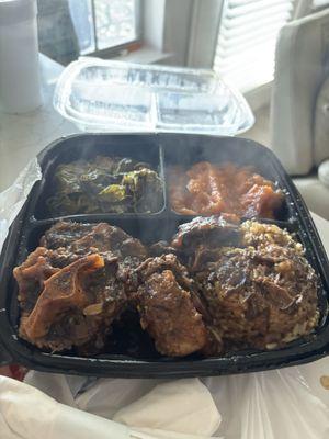 Oxtail Plates with White Rice, Greens, Yams, Cornbread