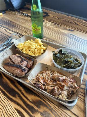 Brisket, mac and cheese, pulled pork and the brisket collard greens!