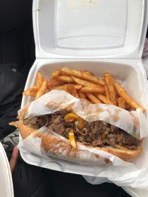 6-inch Philly steak (weird flavor) & seasoned fries (hot & delicious)