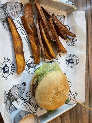 Classic on gluten free bun with sweet potato wedges