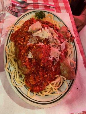 Spaghetti with spicy sausage and meatballs