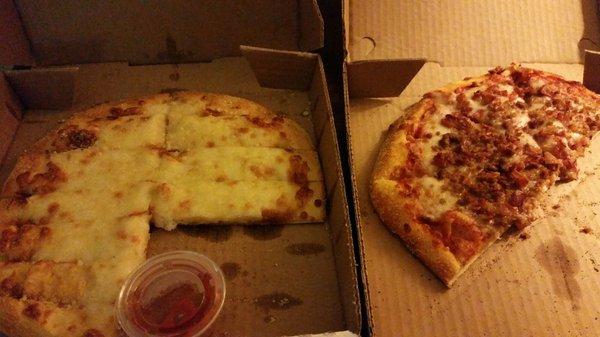 Delicious cheese bread and pizza with bacon and hamburger.