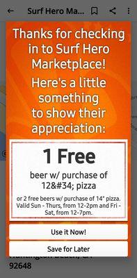 With Yelp Check-In Offer: 1 FREE Beer w/ purchase of pizza  10-01-2022