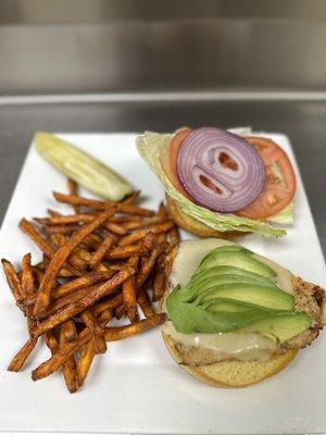 Chicken sandwich with sweet potato fries