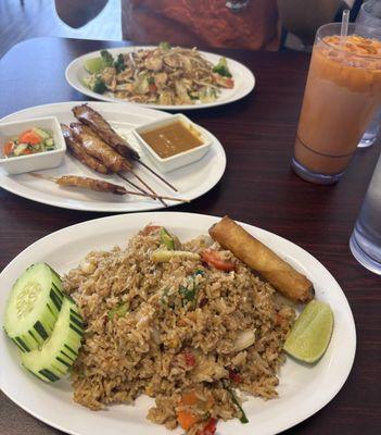 Thai fried rice, chicken satay, Thai tea