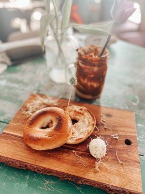 Toasted Bagel with cream cheese and Everything Latte