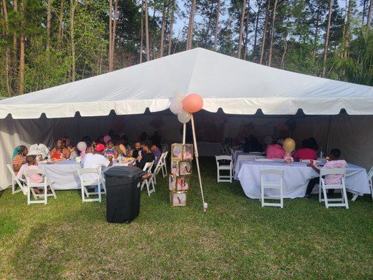 Beautiful setup- 30x30 tent housed 50 chairs with eight 8 foot tables