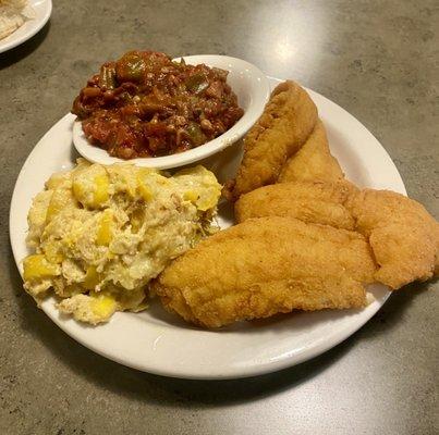 Fried flounder with squash casserole and tomtatos & okra