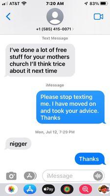 Text where owner use racial slur