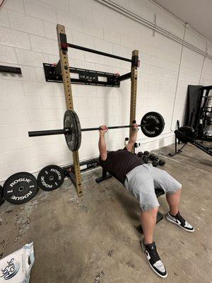 Wall rack, bar, plates and some dumbbells for the office. Rower too.