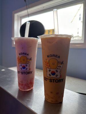 Strawberry foam boba and Thai iced tea with lychee and orange boba