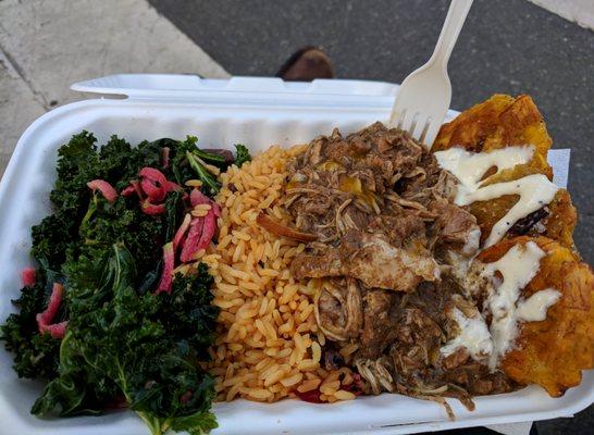 (Pearl Island!) UN. BELIEVABLE Jerk Chicken, spiced rice, insanely fresh and flavorful kale salad, THE BEST TOSTONES I'VE EVER HAD.