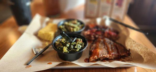 Ribs, brisket, collards, and green beans