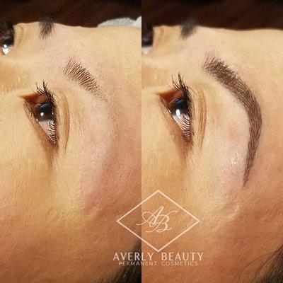 Microbladed brows, before and after, immediately after first session