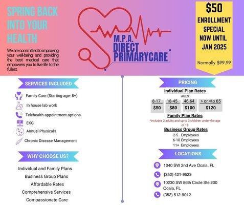 Enrollment specials!
Self pay pricing!